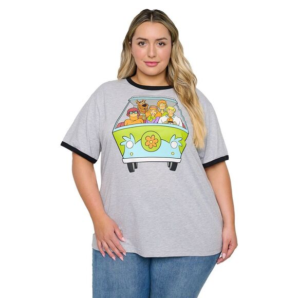 New Women's Plus Size Scooby-Doo T-Shirt Ringer Mystery Machine Heather Gray - Picture 3 of 6